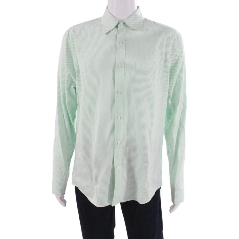 J Crew Mens Button Up Dress Shirt Green Striped 100% Cotton Long Sleeve Size L